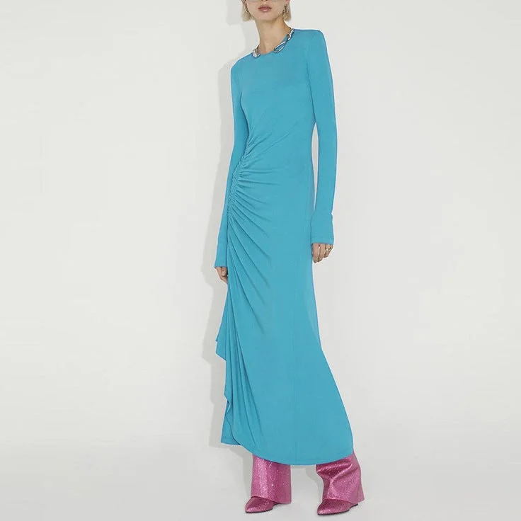 Drawstring Pleated Slit Solid Color Long-Sleeved Round Neck Dress Wholesale Dresses Modern Women's Drawstring Pleated Slit Solid Color Long-Sleeved Round Neck Dress Wholesale Dresses Modern Women's