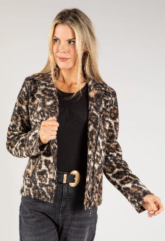 Boucle Leo Print Biker Jacket Dapper Women's Bow - adorned