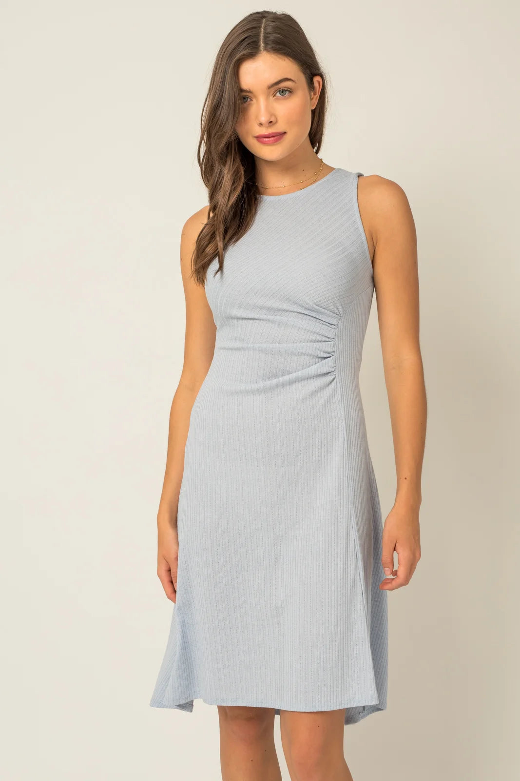 Ribbed Sleeveless Side Shirring Detail Midi Dress Sporty Women's Athleisure 