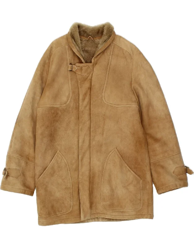 VINTAGE Womens Shearling Coat IT 48 XL Brown Leather Winter Sleek Women's 