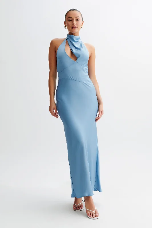 Belladonna Satin Halter Maxi Dress - Iris Blue Relaxed Women's 