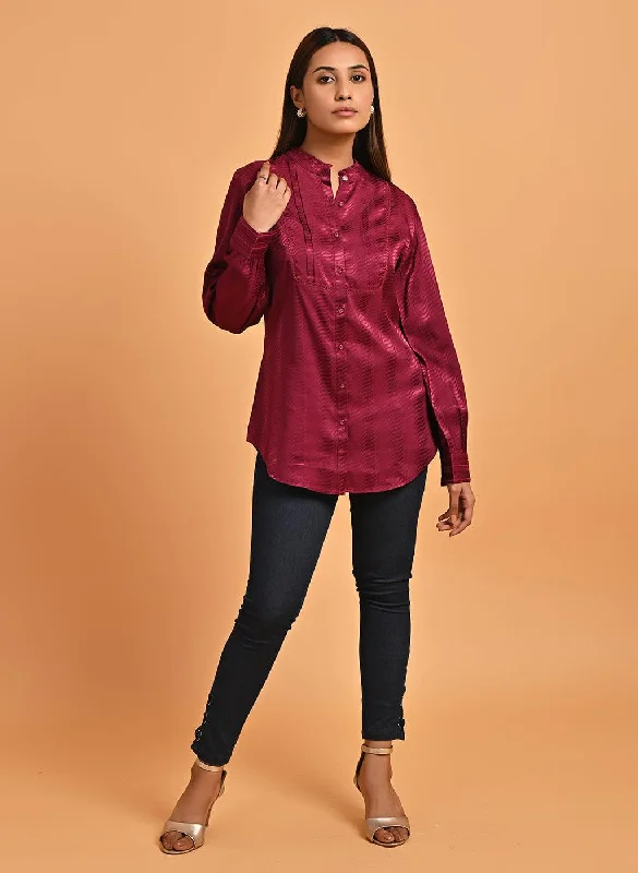Fuchsia Satin Shirt with Balloon Sleeves and Open Front Scandinavian