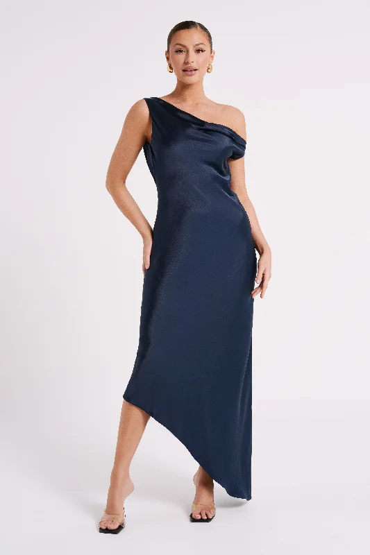 Yvette Slip Maxi Dress With Asymmetrical Hem - Navy Sleek Women's Metallic