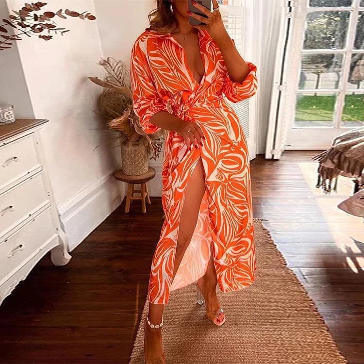 Fashion Printed Lantern Sleeve Lace Up Slit Lapel Dress Wholesale Dresses Dynamic Women's Moto Fashion Printed Lantern Sleeve Lace Up Slit Lapel Dress Wholesale Dresses Dynamic Women's Moto
