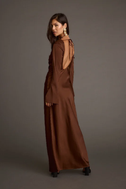 Strokes Mocha Long Sleeve Plunge Satin Maxi Dress Streetwear Style for 