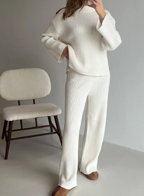 Almond White Rib Knit Pants Classic Women's Tweed