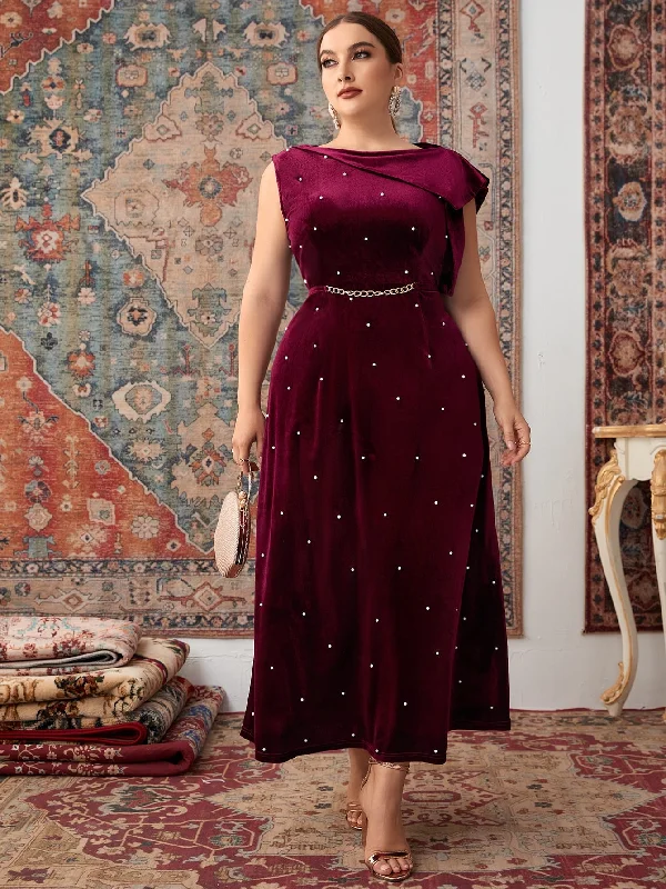Glamorous Plain Pearls Sleeveless Round Neck Flared High Waist Maxi Plus Size Dress Stylish Women's Tropical Glamorous Plain Pearls Sleeveless Round Neck Flared High Waist Maxi Plus Size Dress Stylish Women's Tropical
