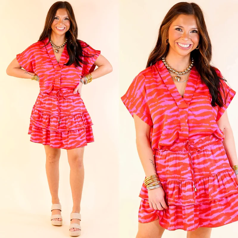 Vibrant Vibes Zebra Print V Neck Top with Short Sleeves in Red and Pink Cool Women's Skate