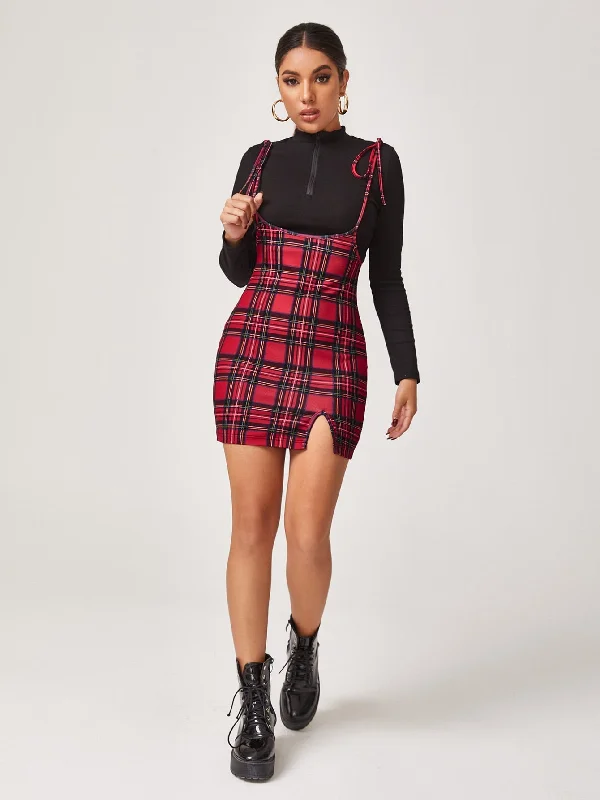 Tartan Knot Sleeveless Spaghetti Strap Slit High Waist Mini Dress Vintage Women's 1970S 