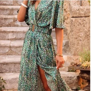 Casual V-Neck Short-Sleeved Floral Print Skinny Waist Dresses Wholesale Dresses Artistic Women's Avant - Casual V-Neck Short-Sleeved Floral Print Skinny Waist Dresses Wholesale Dresses Artistic Women's Avant -