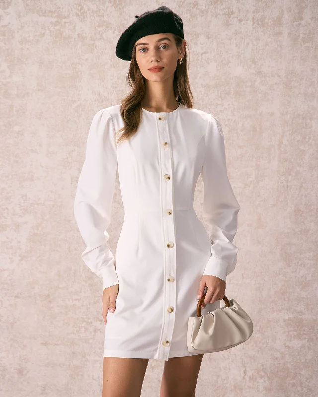 The White Round Neck Button Mini Dress Earthy Women's Hemp - based
