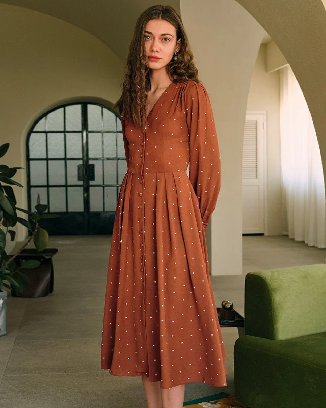 Brown Polka Dot Pleated Midi Dress Bold Women's Animal Print
