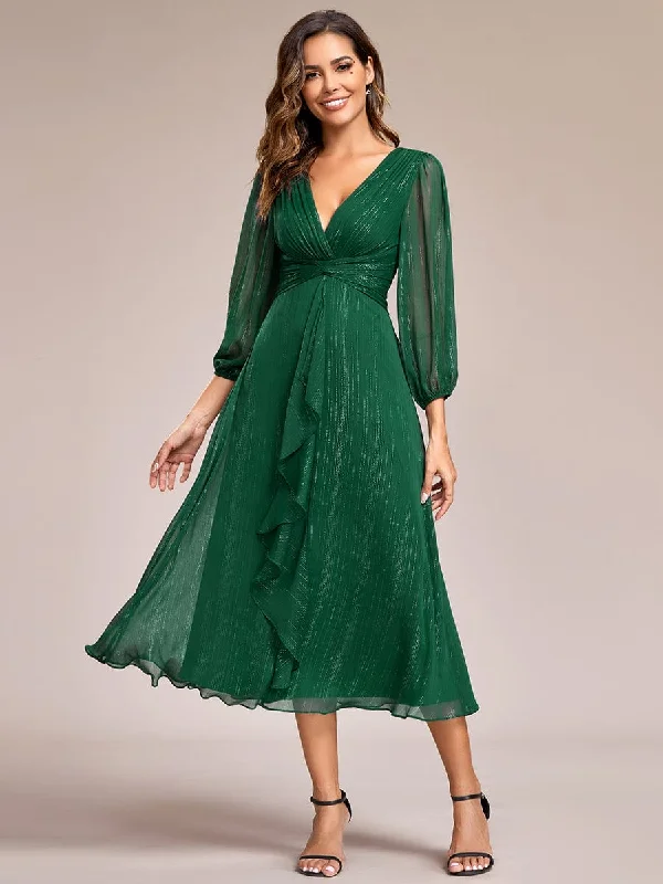 Custom Size See-Through Long Sleeve Twist Knot A-Line Lotus Leaf Shimmering Evening Dress Dynamic Women's Moto