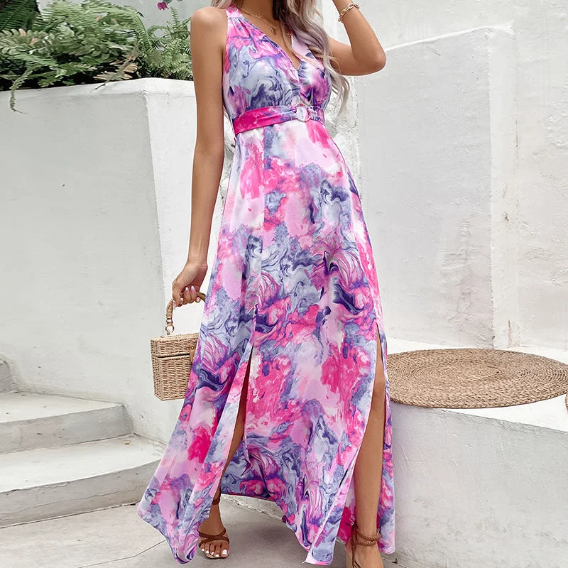 Slim Fit Sleeveless Slit Print V-Neck Dress Wholesale Dresses Laid - back Women's Vibe Slim Fit Sleeveless Slit Print V-Neck Dress Wholesale Dresses Laid - back Women's Vibe