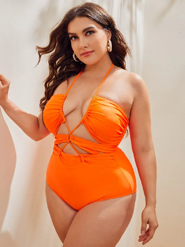 Sexy Plain Lace Up Halter Plus Size One-Pieces French