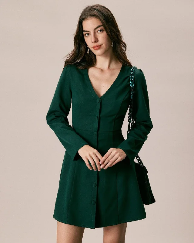 The Green V Neck Button Shirt Mini Dress Bold Women's Statement