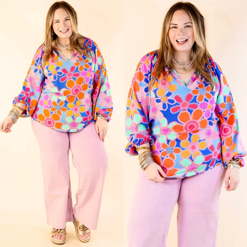 Seriously Sweet Floral Print Top with Notched Neckline in Blue Casual Women's Loose - fitting Seriously Sweet Floral Print Top with Notched Neckline in Blue Casual Women's Loose - fitting