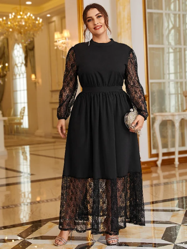 Elegant Plain Contrast Lace Long Sleeve Stand Collar Flared High Waist Maxi Plus Size Dress Women