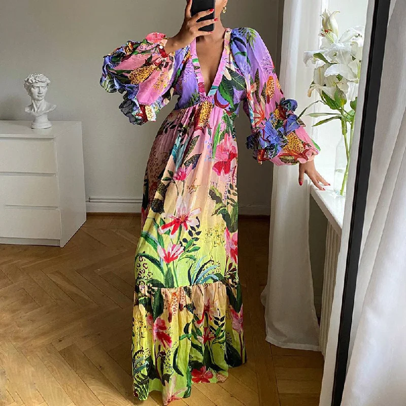 Sexy Flower Print Gradient Color Ruffle V-Neck Long Dresses Wholesale Dresses Casual Women's Loose - fitting Sexy Flower Print Gradient Color Ruffle V-Neck Long Dresses Wholesale Dresses Casual Women's Loose - fitting