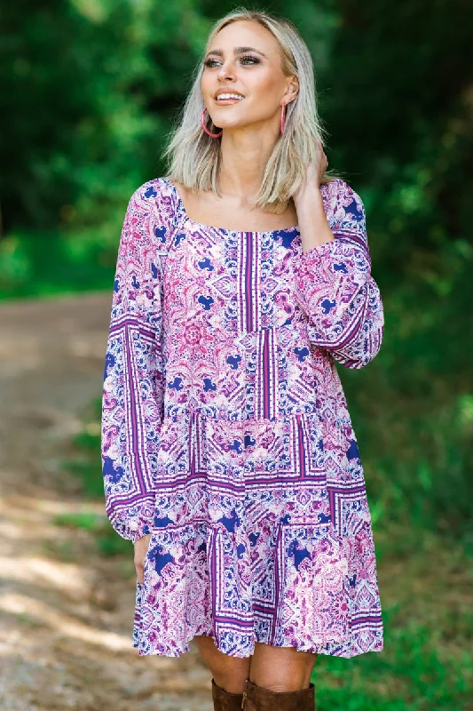 Berry Multicolor Geometric Print Dress Youthful Women's Pop