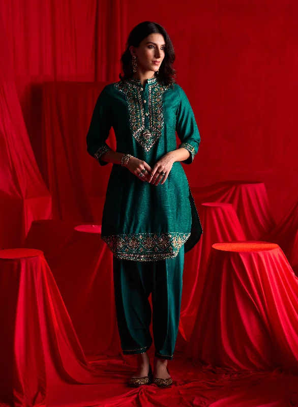Teal Green Embroidered Party Wear Kurta Set with Mirror Work Vintage Women's 1970S 
