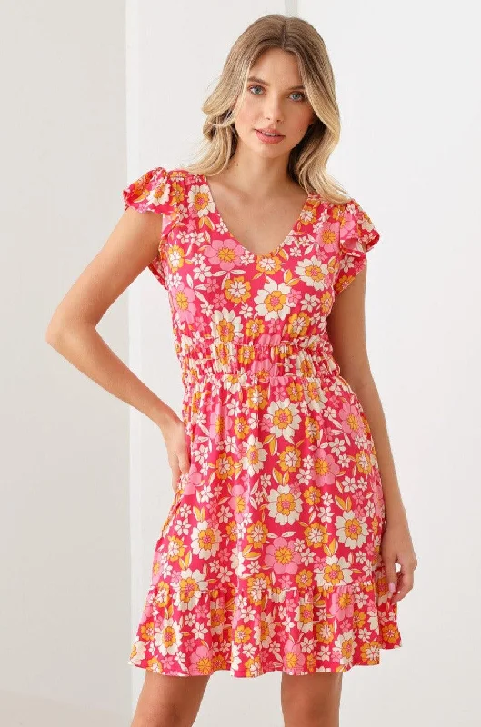 Floral Print Ruffle Cap Sleeves Babydoll Mini Dress Streetwear Style for 