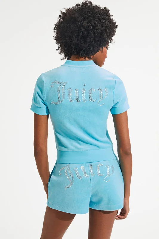 Short Sleeve Big Bling Cotton Velour Zip-Up Laid - back Women's Style