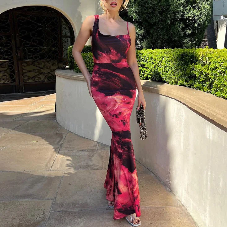 Sleeveless Asymmetric Suspender Print Skinny Fishtail Dress Wholesale Dresses Polished Women's Silk Sleeveless Asymmetric Suspender Print Skinny Fishtail Dress Wholesale Dresses Polished Women's Silk