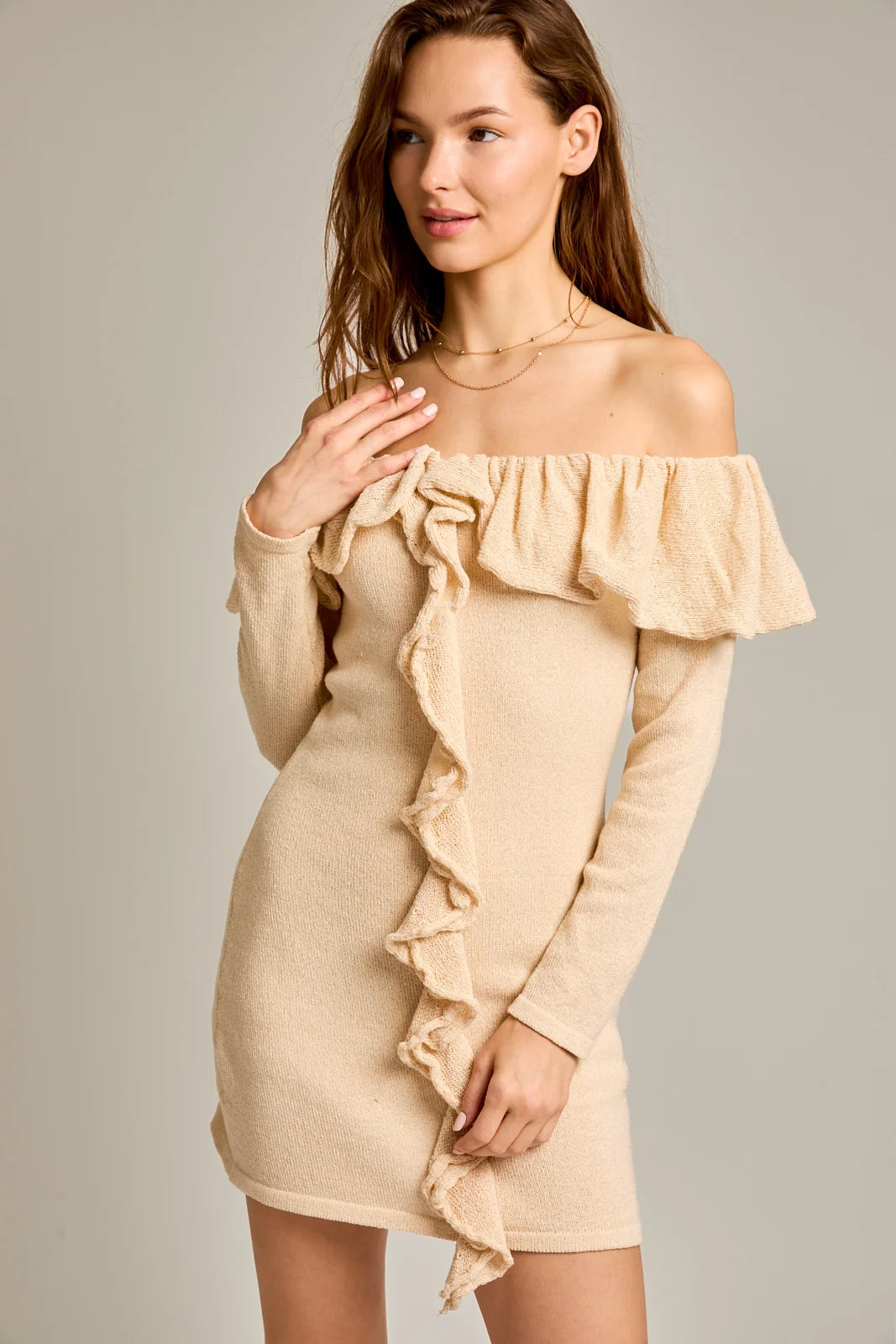 Off The Shoulder Ruffle Long Sleeve Sweater Mini Dress Stylish Women's Neon