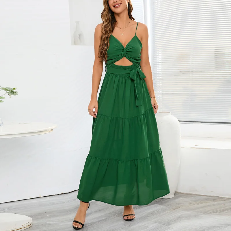 Solid Color Lace-Up Bowknot Sexy Suspender Smocked Swing Dress Wholesale Maxi Dresses Cool Women's Distressed Solid Color Lace-Up Bowknot Sexy Suspender Smocked Swing Dress Wholesale Maxi Dresses Cool Women's Distressed