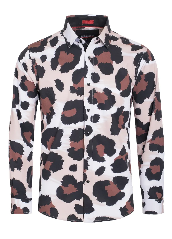 Brown Cheetah Digital Printed Design Stretch L/S Shirt (4847) Cool Women's Distressed