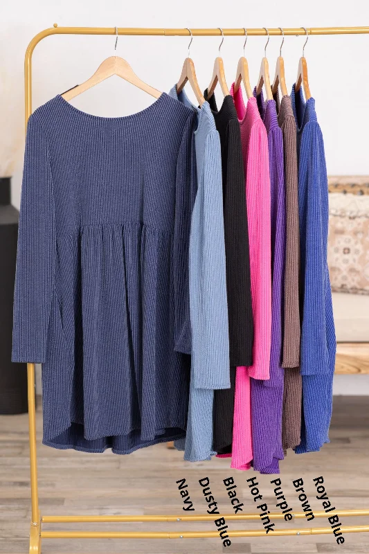 Solid Ribbed Long Sleeve Dress With Pockets Australian Beach