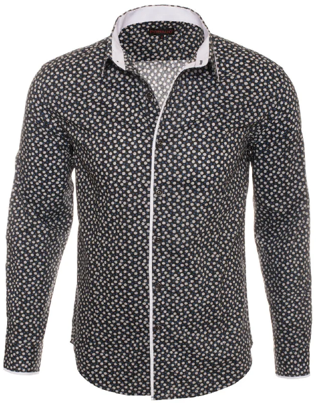 Men's small floral Long Sleeve Shirt Black 4008 Earthy Women's Hemp - based