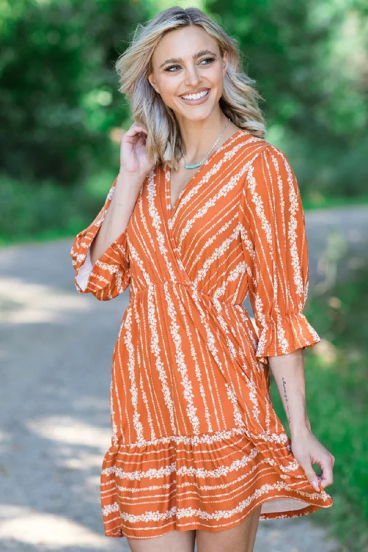 Orange Floral Print Surplice Front Dress Athletic Women's High - 