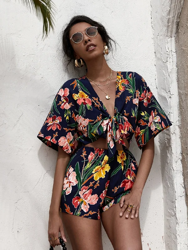 Boho Floral Tie Front Half Sleeve Deep V Neck High Waist Short Women Jumpsuit Artistic Women's Avant - Boho Floral Tie Front Half Sleeve Deep V Neck High Waist Short Women Jumpsuit Artistic Women's Avant -