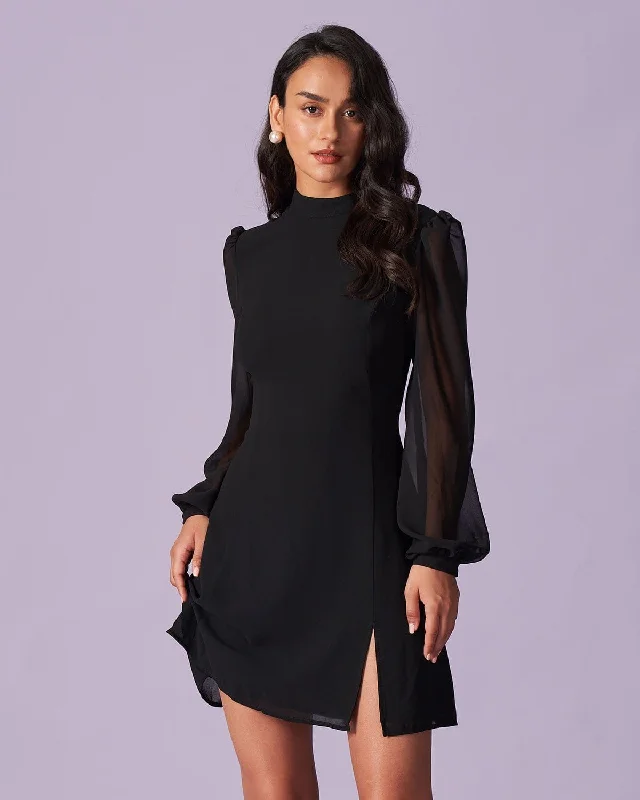 The Black Stand Collar Sheer Slit Mini Dress Youthful Women's Anime - inspired