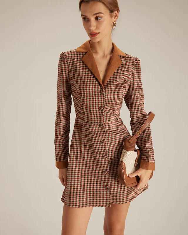 The Brown Plaid Spliced Suede Mini Dress Streetwear Style for 