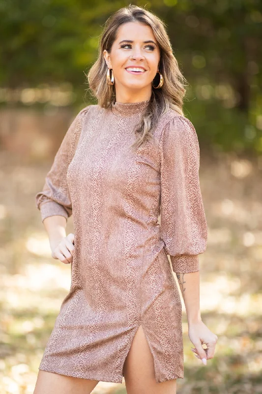 Brown Animal Print Dress With Side Slit Artistic Women's Avant - 