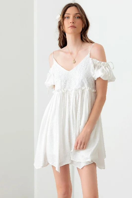 Embroidered Floral Shirred Cold Shoulder Mini Dress Edgy Women's Punk