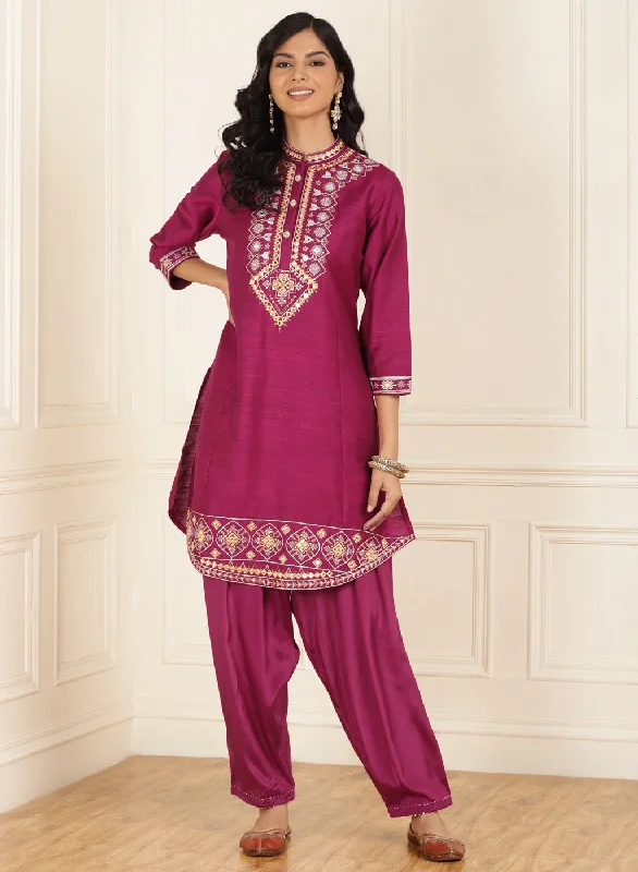 Fuchsia Embroidered Party Wear Kurta Set with Mirror Work Adventure