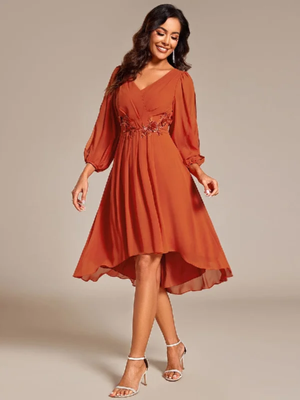 Warm Elise | Long Sleeves Waist Applique A-Line Midi Chiffon Wedding Guest Dress Classic Women's Tweed