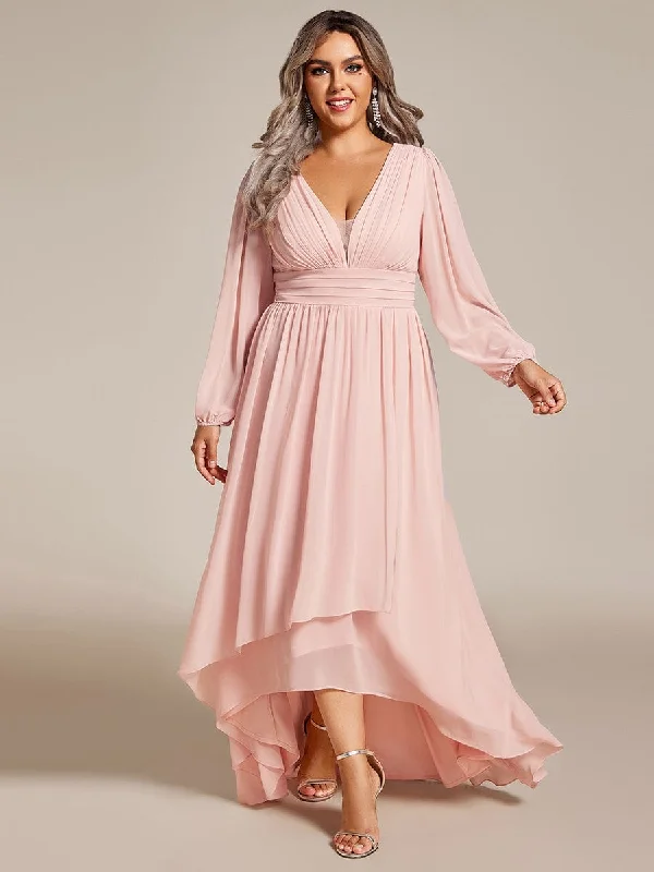 Plus Size V-Neck Long Lantern Sleeves A-Line Chiffon Bridesmaid Dress Sleek Women's Metallic Plus Size V-Neck Long Lantern Sleeves A-Line Chiffon Bridesmaid Dress Sleek Women's Metallic