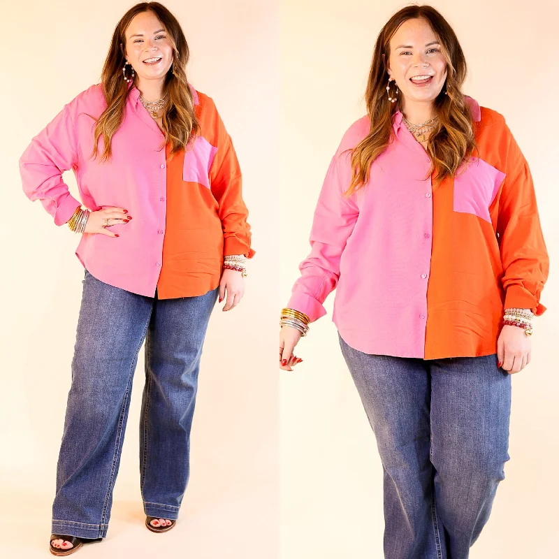 Play It Up Color Block Button Up Top in Pink and Red Gym