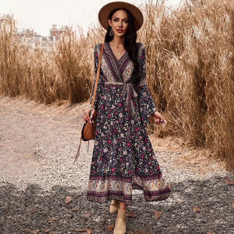 Vintage Floral Printed Ruffle Sleeve V-Neck Tie A-Line Long Dresses Wholesale Dresses Relaxed Women's Beachy Vintage Floral Printed Ruffle Sleeve V-Neck Tie A-Line Long Dresses Wholesale Dresses Relaxed Women's Beachy