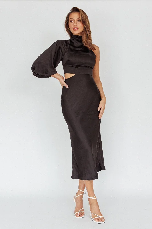 Thessaly One Sleeve Midi Dress Black Practical Women's Quick - dry