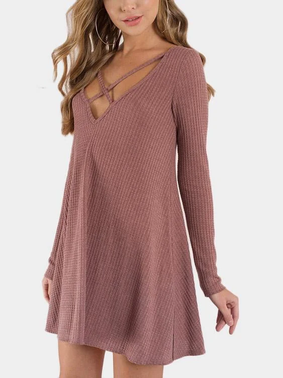 Wholesale V-Neck Crossed Front Long Sleeve Ruffle Hem Mini Dress Geometric