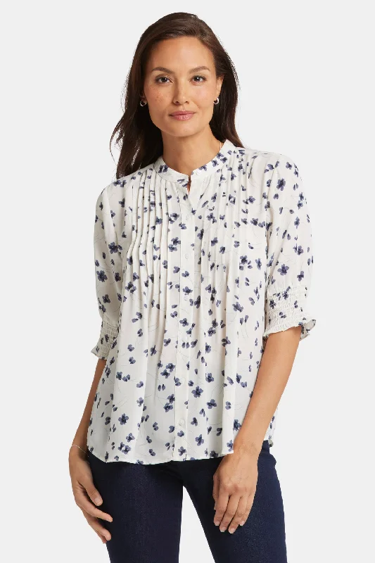 Pleated Short Sleeved Blouse - Iris Buds Geometric