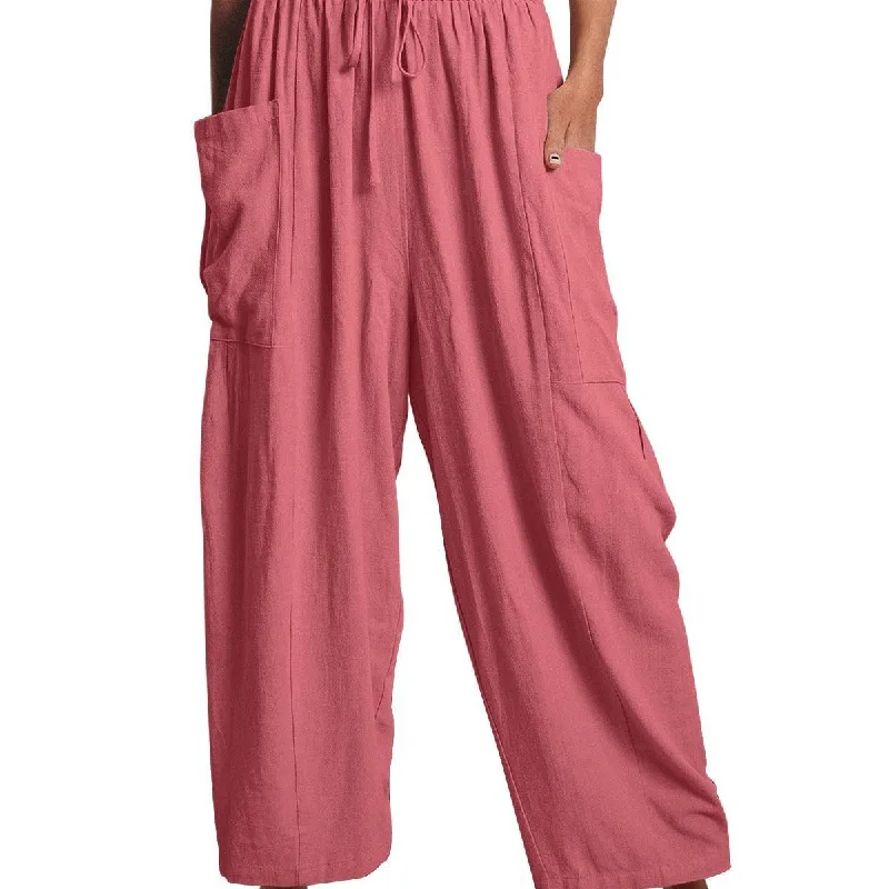 Loose Elasticated Waist Pleated Cotton Linen Wide Leg Trousers Wholesale Womens Clothing Laid - back Women's Style Loose Elasticated Waist Pleated Cotton Linen Wide Leg Trousers Wholesale Womens Clothing Laid - back Women's Style