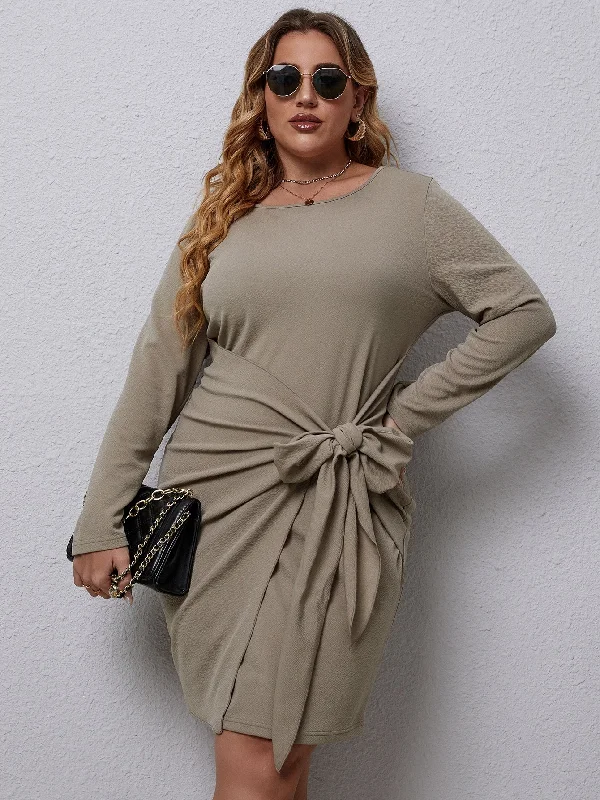 Casual Plain Knot Long Sleeve Round Neck Straight High Waist Short Plus Size Dress Refined Women's Classic Casual Plain Knot Long Sleeve Round Neck Straight High Waist Short Plus Size Dress Refined Women's Classic