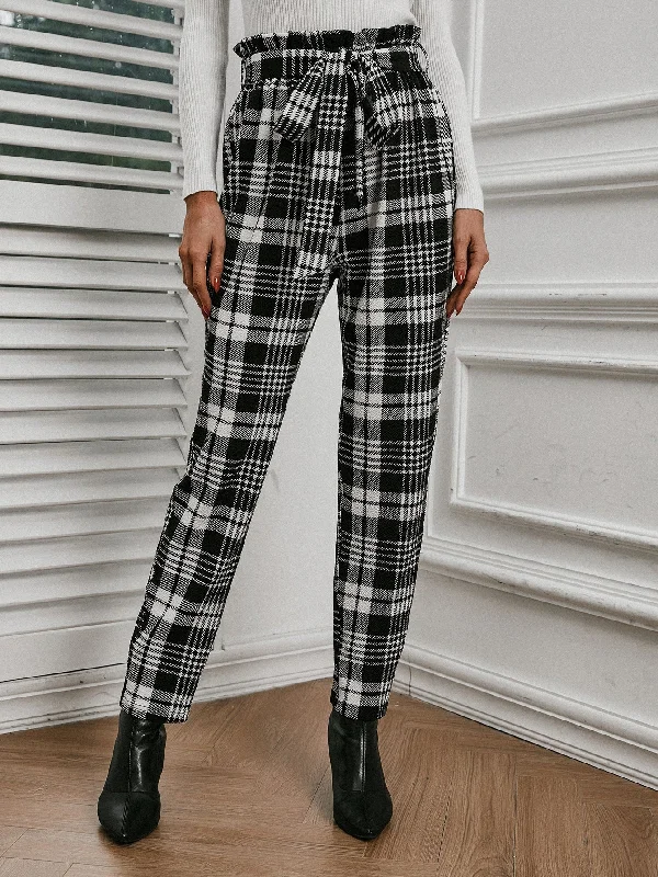 Casual Plaid Paper Bag Waist High Waist Long Women Pants Refined Women's 